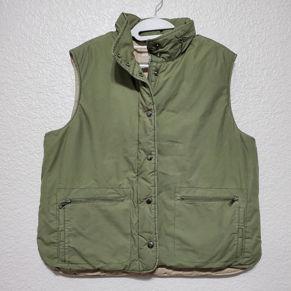 J. Crew Olive Green Tan Button Up Hooded Puffer Utility Vest Men's Size X-Large